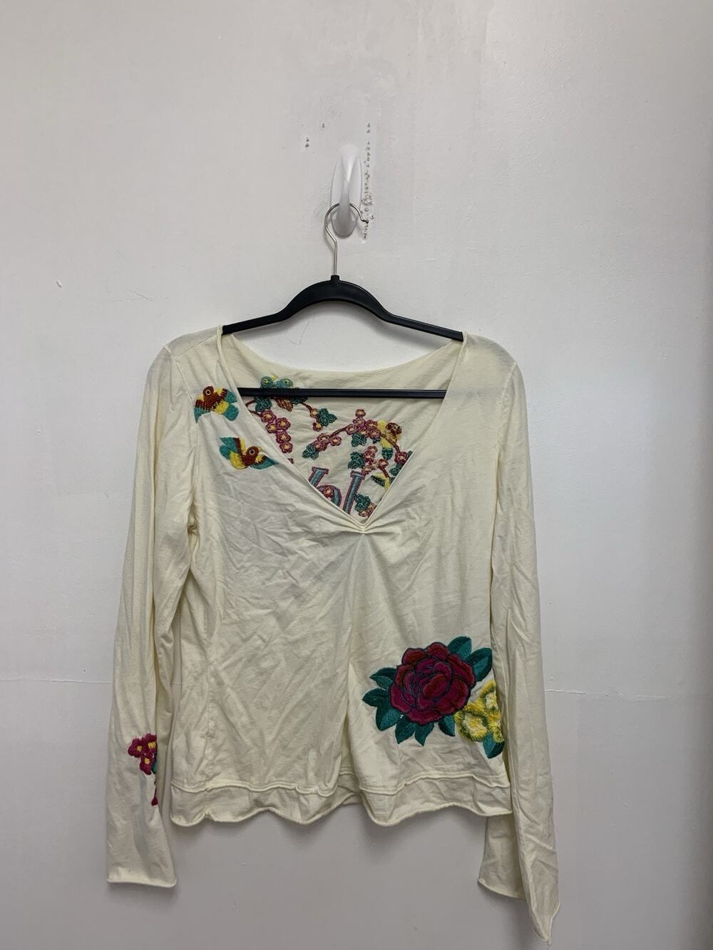 Johnny Was White Long Sleeve Top Floral Embroidered Boho Chic Large